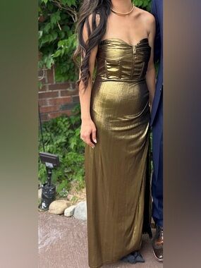 12th Tribe Strapless Metallic Olive-Gold Evening Gown